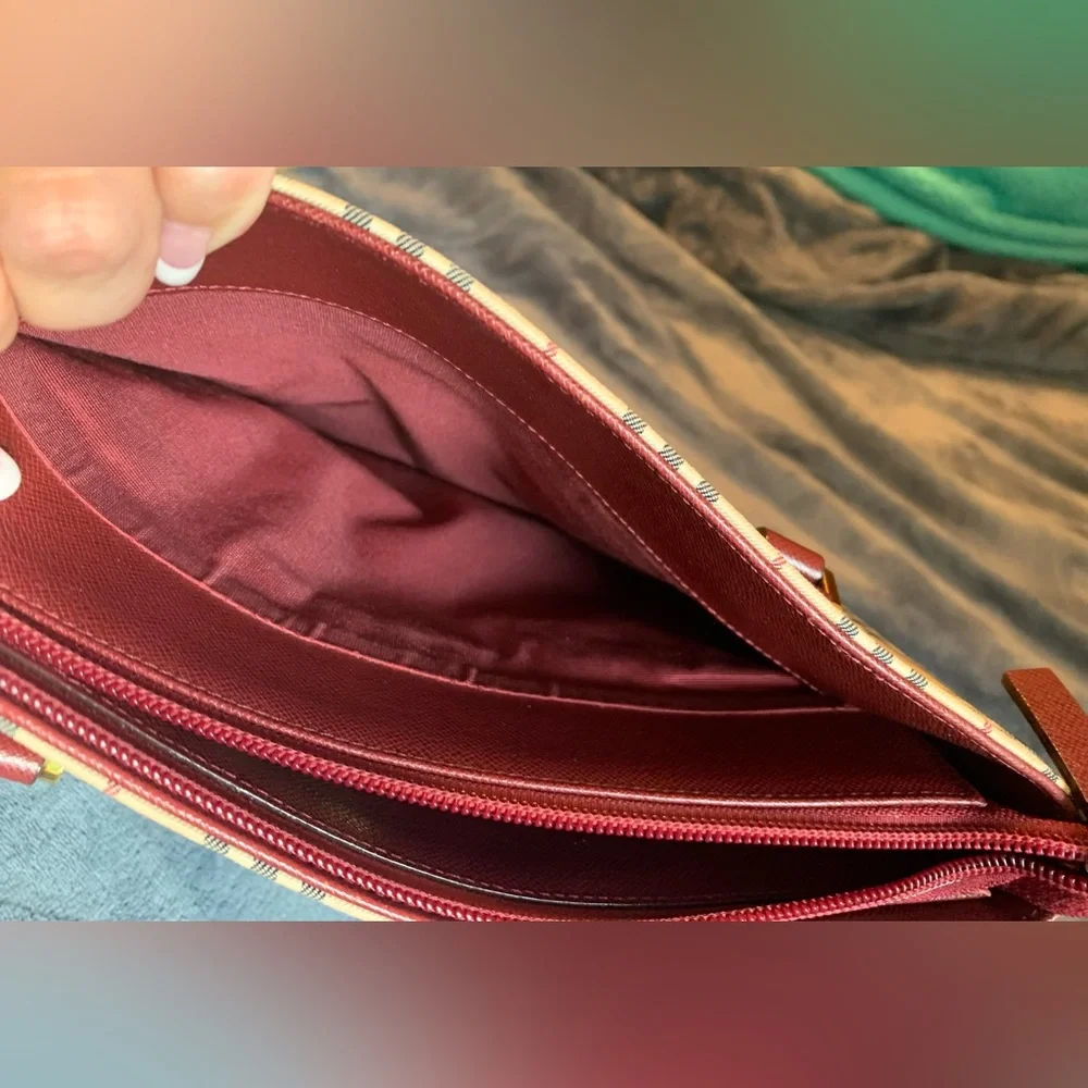 Burberry Beige Check Tote with Burgundy Trim